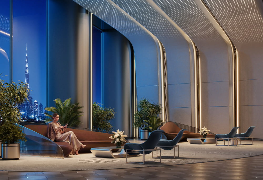 Elegant Lobby Lounge with Dubai Skyline
